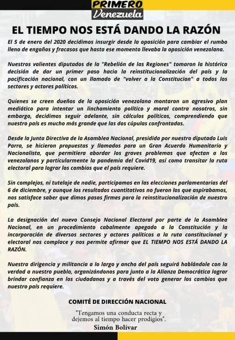 Primero Venezuela sobre designación de un nuevo CNE: El tiempo nos está dando la razón