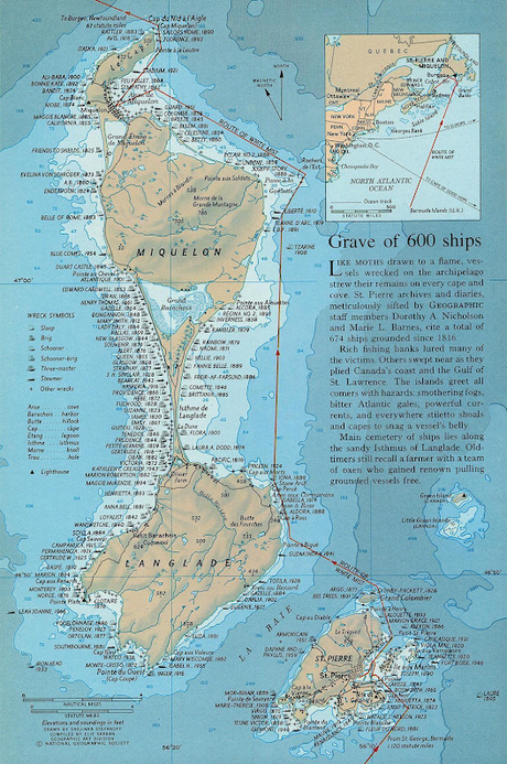Mapa de los naufragios en San Pedro y Miquelón