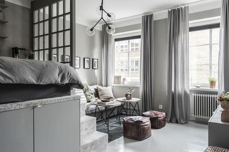 delikatissen tiny apartments decor scandinavian tiny apartment decor scandinavian style pisos pequeños estilismo pisos pequeños decoración interiores mini piso decoración little apartment distribución de minipiso diseño estudio cama en alto cama de obra cajones bajo la caja almacenaje bajo la cama  