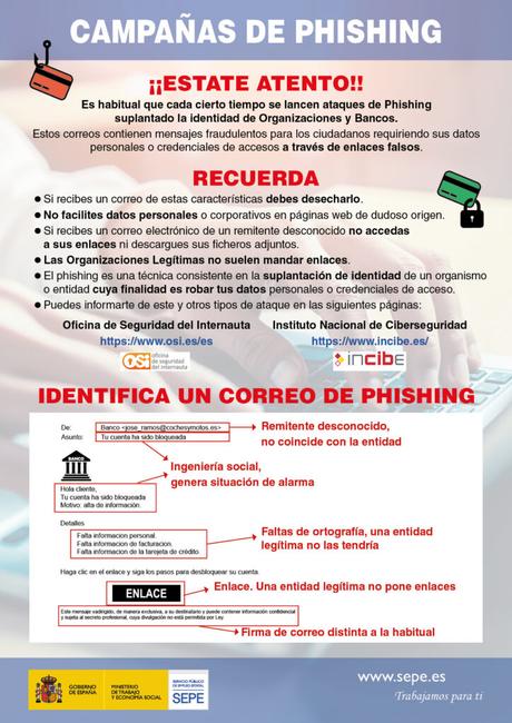 El SEPE alerta a sus usuarios sobre los ataques de «Pishing» suplantando a esta administración