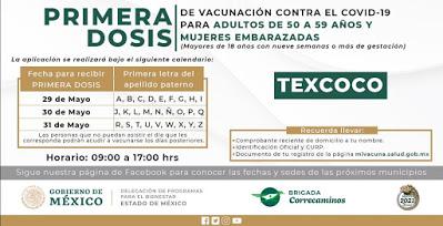 DEL 29 AL 31 DE MAYO SE APLICARÁN VACUNAS CONTRA EL COVID-19 PARA ADULTOS DE 50 A 59 AÑOS Y MUJERES EMBARAZADAS EN TEXCOCO
