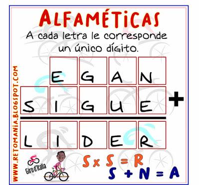 Alfamética, Criptoaritmética, Criptograma, Criptosuma, Suma de Letras, Suma de Palabras, Acertijos, Desafíos matemáticos, Retos matemáticos, Problemas matemáticos, Matemáticas y Ciclismo, Acertijos numéricos, Retos mentales