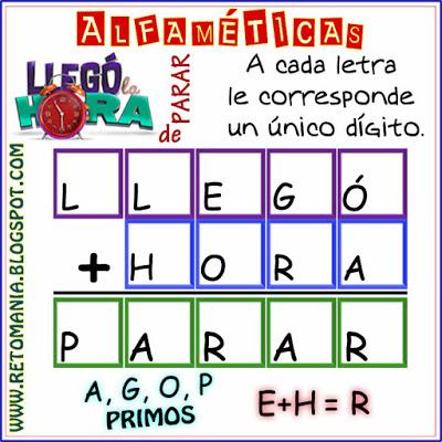 Desafíos matemáticos, Retos matemáticos, Retos mentales, Problemas matemáticos, Retos matemáticos con solución, Acertijos, Acertijos con palabras, Acertijos con solución, Alfamética, Criptoaritmética, Criptosuma, Criptograma, Juego de palabras, Suma de palabras, Alfaméticas con solución, criptoaritméticas con solución