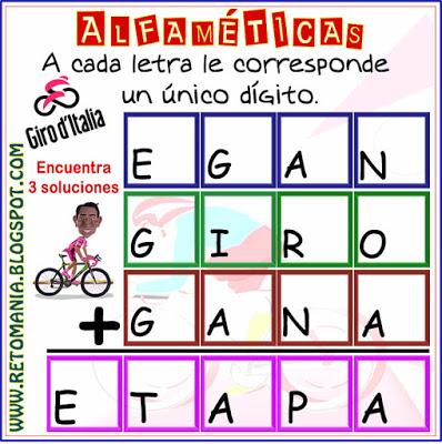 CRIPTOARITMÉTICA: EGAN BERNAL Alfamética, Criptoaritmética, Criptosuma, Criptograma, Suma de Palabras, Juego de palabras, Desafíos matemáticos, Retos matemáticos, Problemas matemáticos, Acertijos, Acertijos numéricos, Problemas de matemáticas