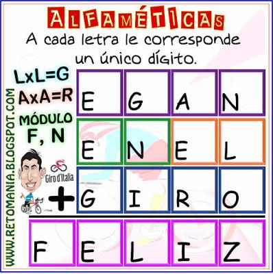 CRIPTOARITMÉTICAS - EGAN BERNAL Alfamética, Criptoaritmética, Criptosuma, Criptograma, Suma de Palabras, Juego de palabras, Desafíos matemáticos, Retos matemáticos, Problemas matemáticos, Acertijos, Acertijos numéricos, Problemas de matemáticas
