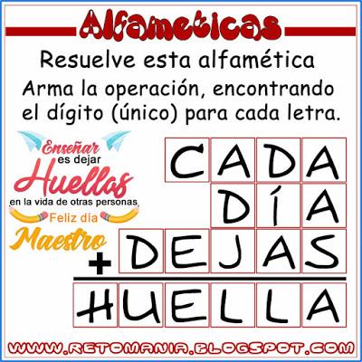 Alfamética, Criptoaritmética, Criptosuma, Día del profesor, Día del maestro, Juego de palabras, Juego de letras, Acertijos matemáticos, Desafíos matemáticos, Problemas matemáticos