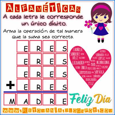 CRIPTOARITMÉTICA - MAMÁ Desafíos matemáticos, Retos matemáticos, Problemas matemáticos, Retos matemáticos con solución, Alfamética, Criptoaritmética, Criptosuma, Criptograma, Suma de palabras, Juego de letras