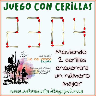 Desafíos matemáticos, Retos matemáticos, Problemas matemáticos, Retos mentales, Día del Idioma, Día del Libro, Juego de cerillas, Jugando con fósforos, Jugando con palillos