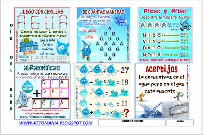 RETOS MATEMÁTICOS: DÍA DEL AGUA Juego con cerillas,Alfamética,La palabra Oculta,De cuántas maneras,Día del Agua,Descubre la Palabra,Agua,Día Mundial del Agua,La palabra escondida,Picas y Fijas,Encuentra el resultado, Desafíos matemáticos, Retos matemáticos, Problemas matemáticos, Retos mentales,