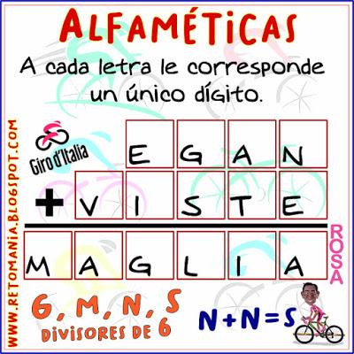 Alfamética, Criptoaritmética, Criptograma, Criptosuma, Suma de Letras, Suma de Palabras, Acertijos, Desafíos matemáticos, Retos matemáticos, Problemas matemáticos, Matemáticas y Ciclismo, Acertijos numéricos, Retos mentales