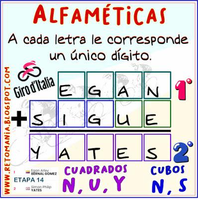 Alfamética, Criptoaritmética, Criptograma, Criptosuma, Suma de Letras, Suma de Palabras, Acertijos, Desafíos matemáticos, Retos matemáticos, Problemas matemáticos, Matemáticas y Ciclismo, Acertijos numéricos, Retos mentales