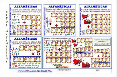 ALFAMÉTICAS - DÍA DEL MAESTRO Desafíos matemáticos, Retos matemáticos, Problemas matemáticos, Retos mentales, Alfamética, Criptoaritmética, Criptograma, Criptosuma, Juego de palabras, Suma de Palabras, Día del Maestro, Día del Profesor