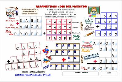 ALFAMÉTICAS DÍA DEL PROFESOR Alfamética, Criptoaritmética, Criptosuma, Día del profesor, Día del maestro, Juego de palabras, Juego de letras, Acertijos matemáticos, Desafíos matemáticos, Problemas matemáticos