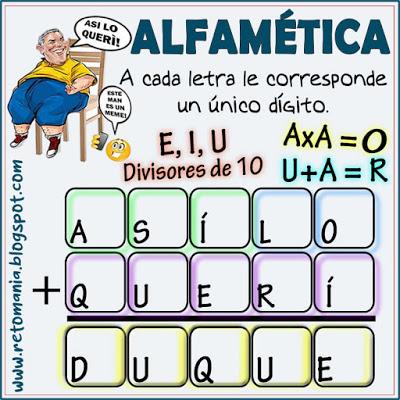 Alfaméticas, Criptoaritméticas, Criptosumas, Criptogramas, Suma de Palabras, Juego de Letras