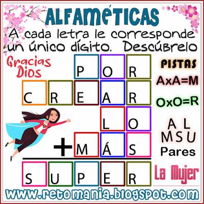ALFAMÉTICAS DÍA DE LA MUJER Alfaméticas, Criptoaritmética, Juego de palabras, Descubre el número, Criptosumas, Criptogramas, Día de la mujer, mujer, mujer y matemáticas, Desafíos matemáticos, Retos matemáticos, Problemas matemáticos