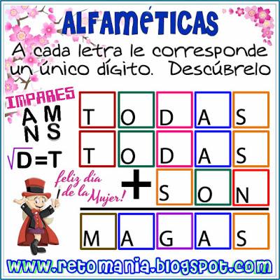 ALFAMÉTICAS DÍA DE LA MUJER Alfaméticas, Criptoaritmética, Juego de palabras, Descubre el número, Criptosumas, Criptogramas, Día de la mujer, mujer, mujer y matemáticas, Desafíos matemáticos, Retos matemáticos, Problemas matemáticos