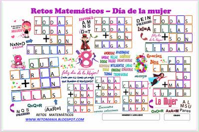 ALFAMÉTICAS - DÍA DE LA MUJER Alfaméticas, Criptoaritmética, Juego de palabras, Descubre el número, Criptosumas, Criptogramas, Día de la mujer, mujer, mujer y matemáticas, Desafíos matemáticos, Retos matemáticos, Problemas matemáticos