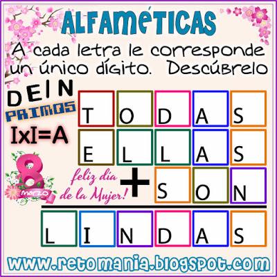 Alfaméticas, Criptoaritmética, Juego de palabras, Descubre el número, Criptosumas, Criptogramas, Día de la mujer, mujer, mujer y matemáticas, Desafíos matemáticos, Retos matemáticos, Problemas matemáticos