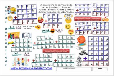 Alfaméticas, Criptoaritméticas, Criptograma, Criptosuma, Desafíos matemáticos, Retos matemáticos, Problemas matemáticos, Suma de palabras, Juego de palabras