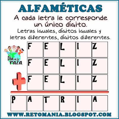 Alfamética, Criptoaritmética, Criptosuma, Criptograma, Juego de letras, Juego de Palabras, Suma de Palabras, Alfaméticas con solución, Alfaméticas Día de la Raza, Alfaméticas 12 de octubre