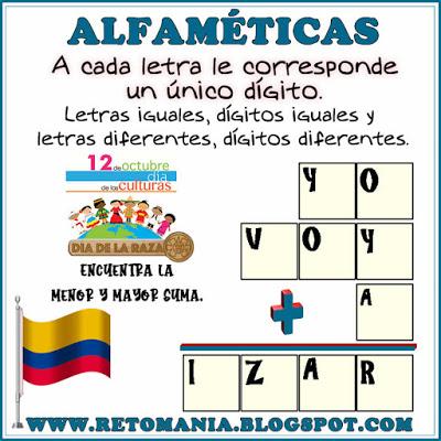 Alfamética, Criptoaritmética, Criptosuma, Criptograma, Juego de letras, Juego de Palabras, Suma de Palabras, Alfaméticas con solución, Alfaméticas Día de la Raza, Alfaméticas 12 de octubre