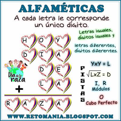 Alfamética, Criptoaritmética, Criptosuma, Criptograma, Juego de letras, Juego de Palabras, Suma de Palabras, Alfaméticas con solución, Alfaméticas Día de la Raza, Alfaméticas 12 de octubre