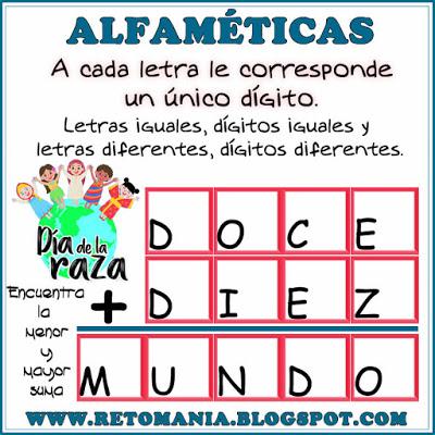 Alfamética, Criptoaritmética, Criptosuma, Criptograma, Juego de letras, Juego de Palabras, Suma de Palabras, Alfaméticas con solución, Alfaméticas Día de la Raza, Alfaméticas 12 de octubre