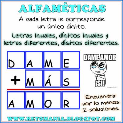 Alfamética, Criptoaritmética, Criptosuma, Criptograma, Juego de Palabras, Suma de Palabras, Amor y Amistad, Descubre el número, El número oculto