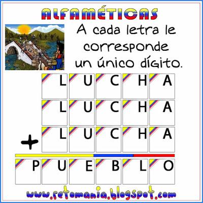 Alfamética, Criptoaritmética, Criptograma, Criptosuma, Juego de Letras, Juego de Palabras, Matemática y la Batalla de Boyacá, Batalla de Boyacá, Matemáticas y las Fiestas Patrias, Retos matemáticos, Desafíos matemáticos, Problemas matemáticos