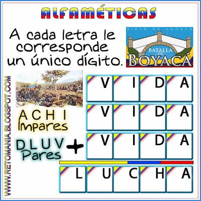 Alfamética, Criptoaritmética, Criptograma, Criptosuma, Juego de Letras, Juego de Palabras, Matemática y la Batalla de Boyacá, Batalla de Boyacá, Matemáticas y las Fiestas Patrias, Retos matemáticos, Desafíos matemáticos, Problemas matemáticos