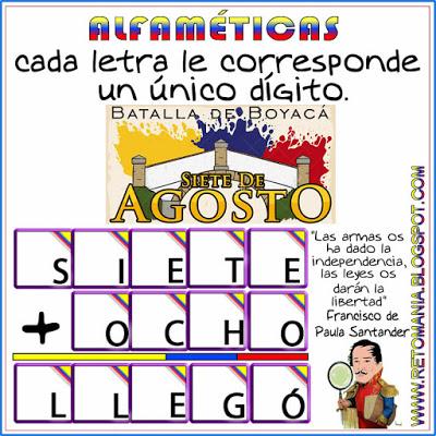 Alfamética, Criptoaritmética, Criptograma, Criptosuma, Juego de Letras, Juego de Palabras, Matemática y la Batalla de Boyacá, Batalla de Boyacá, Matemáticas y las Fiestas Patrias, Retos matemáticos, Desafíos matemáticos, Problemas matemáticos