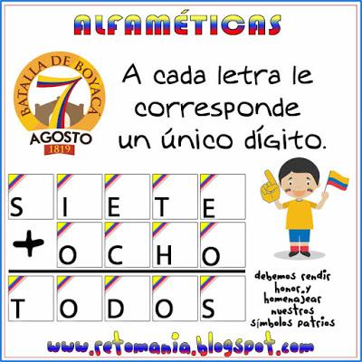 Alfamética, Criptoaritmética, Criptograma, Criptosuma, Juego de Letras, Juego de Palabras, Matemática y la Batalla de Boyacá, Batalla de Boyacá, Matemáticas y las Fiestas Patrias, Retos matemáticos, Desafíos matemáticos, Problemas matemáticos