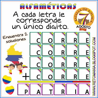 Alfamética, Criptoaritmética, Criptograma, Criptosuma, Juego de Letras, Juego de Palabras, Matemática y la Batalla de Boyacá, Batalla de Boyacá, Matemáticas y las Fiestas Patrias, Retos matemáticos, Desafíos matemáticos, Problemas matemáticos