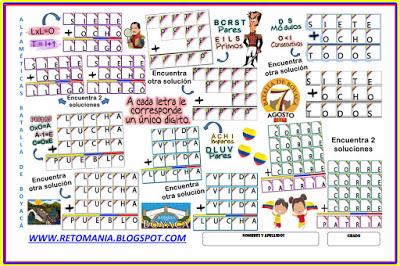 Alfamética, Criptoaritmética, Criptograma, Criptosuma, Juego de Letras, Juego de Palabras, Matemática y la Batalla de Boyacá, Batalla de Boyacá, Matemáticas y las Fiestas Patrias, Retos matemáticos, Desafíos matemáticos, Problemas matemáticos