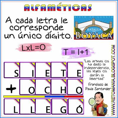 Alfamética, Criptoaritmética, Criptograma, Criptosuma, Juego de Letras, Juego de Palabras, Matemática y la Batalla de Boyacá, Batalla de Boyacá, Matemáticas y las Fiestas Patrias, Retos matemáticos, Desafíos matemáticos, Problemas matemáticos