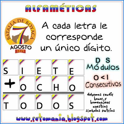 Alfamética, Criptoaritmética, Criptograma, Criptosuma, Juego de Letras, Juego de Palabras, Matemática y la Batalla de Boyacá, Batalla de Boyacá, Matemáticas y las Fiestas Patrias, Retos matemáticos, Desafíos matemáticos, Problemas matemáticos