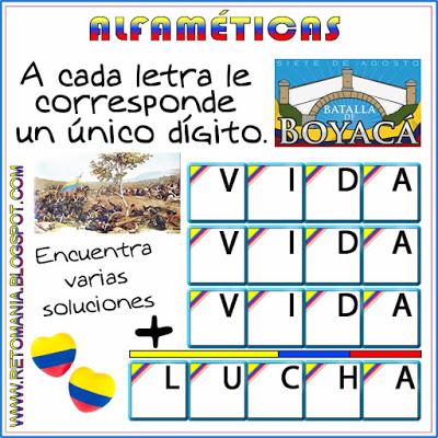 Alfamética, Criptoaritmética, Criptograma, Criptosuma, Juego de Letras, Juego de Palabras, Matemática y la Batalla de Boyacá, Batalla de Boyacá, Matemáticas y las Fiestas Patrias, Retos matemáticos, Desafíos matemáticos, Problemas matemáticos