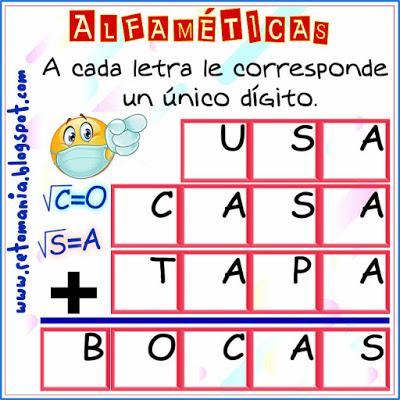 Alfaméticas, Criptoaritméticas, Criptosumas, Juego de letras, Juego de Palabras, Suma de palabras, Retos matemáticos, Desafíos matemáticos, Problemas matemáticos, Problemas de lógica