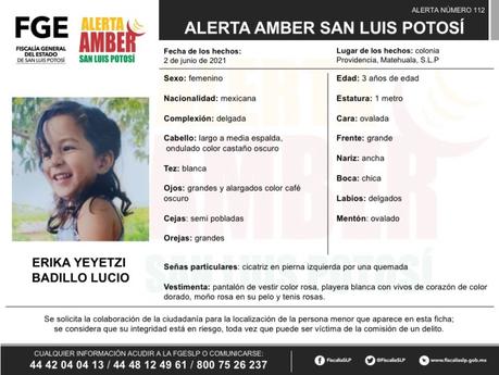 Alerta Amber: Erika fue vista por última vez en Matehuala