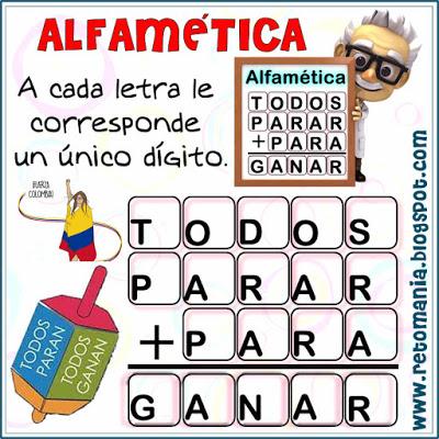 Desafíos matemáticos, Retos matemáticos, Retos mentales, Problemas matemáticos, Retos matemáticos con solución, Acertijos, Acertijos con palabras, Acertijos con solución, Alfamética, Criptoaritmética, Criptosuma, Criptograma, Juego de palabras, Suma de palabras, Alfaméticas con solución, criptoaritméticas con solución, Lógica de palabras
