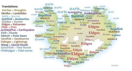 Mapa de los peligros naturales de Islandia