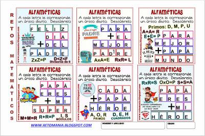 ALFAMÉTICAS DÍA DEL PADRE Alfamética, Criptoaritmética, Suma de letras, Criptograma, Lógica de letras, Día del Padre, Desafíos matemáticos, Retos matemáticos, Problemas matemáticos, Problemas de matemáticas, Acertijos, Acertijos matemáticos, Acertijos con solución, Enigmas