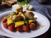 Gofres patata pollo salsa curry mango