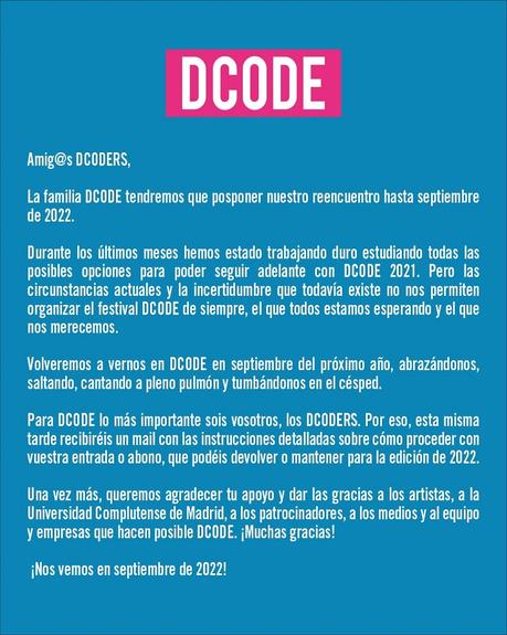 Aplazado el DCODE hasta 2022