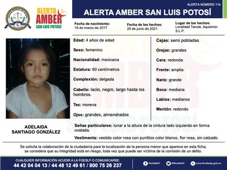 Alerta Amber: Adelaida de 4 años se extravió en Aquismón