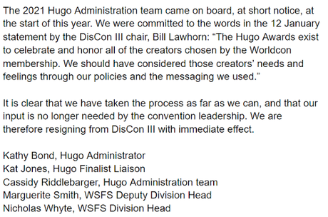Dimite en bloque todo el equipo administrativo de los Hugo Awards