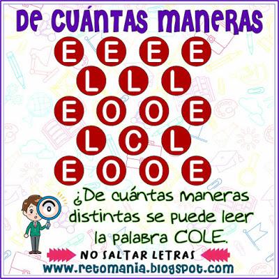 Acertijos, Acertijos matemáticos, Acertijos con Solución, Buscapalabras, La Palabra oculta, La Palabra escondida, Puntos numéricos, Jeroglíficos, Adivina adivinador, Adivinanzas, Retos matemáticos, Desafíos matemáticos, Problemas matemáticos, Problemas de matemáticas, De cuántas maneras distintas