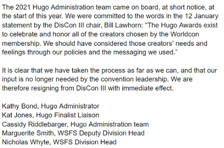 Dimite en bloque todo el equipo administrativo de los Hugo Awards Dimite en bloque todo el equipo administrativo de los Hugo Awards