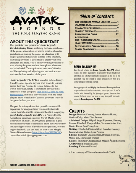 Primeras impresiones de  Avatar Legends: The Roleplaying Game Quickstarter V 1.0