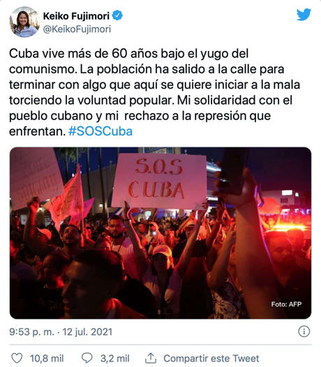 Keiko Fujimori sobre Cuba: «Vive más de 60 años bajo el yugo del comunismo»